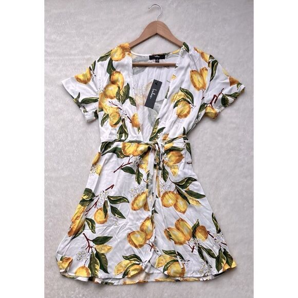 Lulu's Lemon Print Wrap Mini Dress - Picture 12 of 16